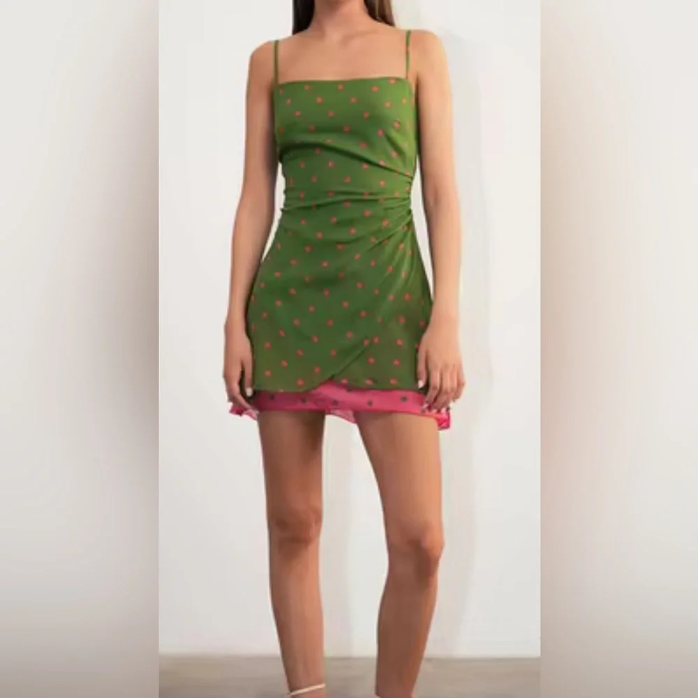 70s Vintage 🍀 Green/Pink Mini Polka Dot Slip Dress w/ Ruched Detail - Small - Picture 6 of 6